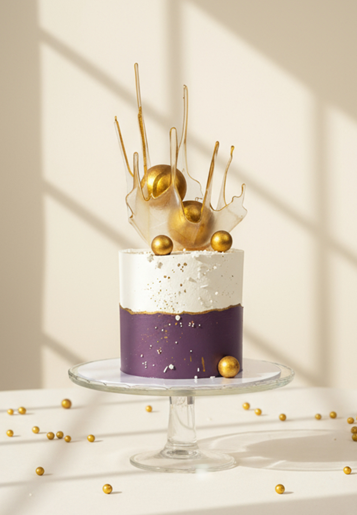 tort w kolorach bieli i fioletu ze złotymi dekoracjami i abstrakcyjnym topperem z karmelowego szkła – elegancki tort okolicznościowy dla dorosłych