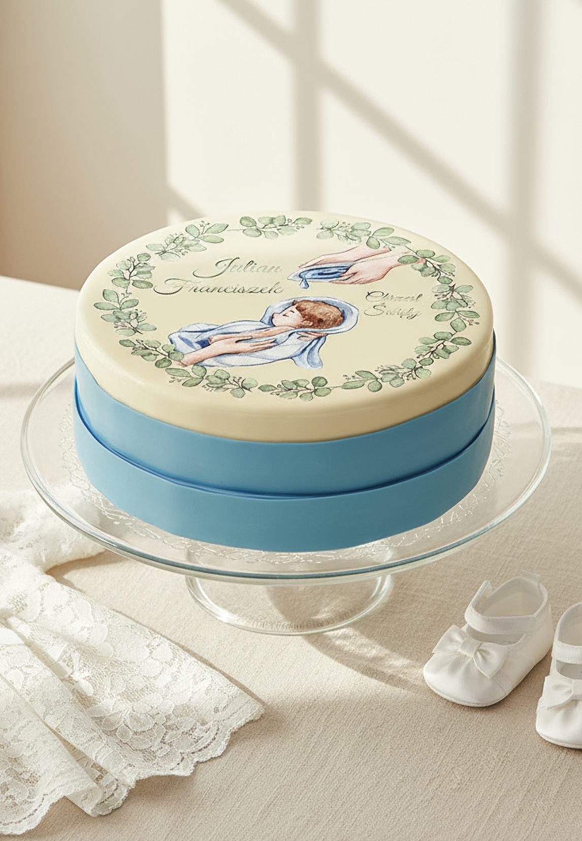 Tort na Chrzest Święty Belvedere Cafe – personalizowany tort z imieniem dziecka i motywem religijnym